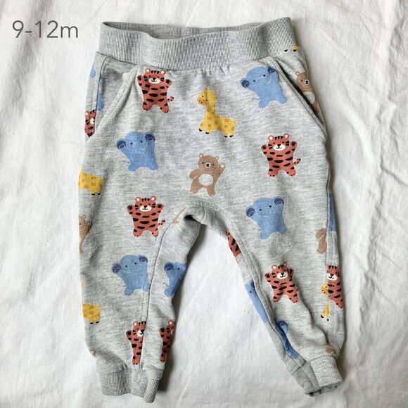 (🎨$3 PLAY) H&M 9-12 Months Baby Animals Grey Sweatpants Pants - Picture 1 of 4